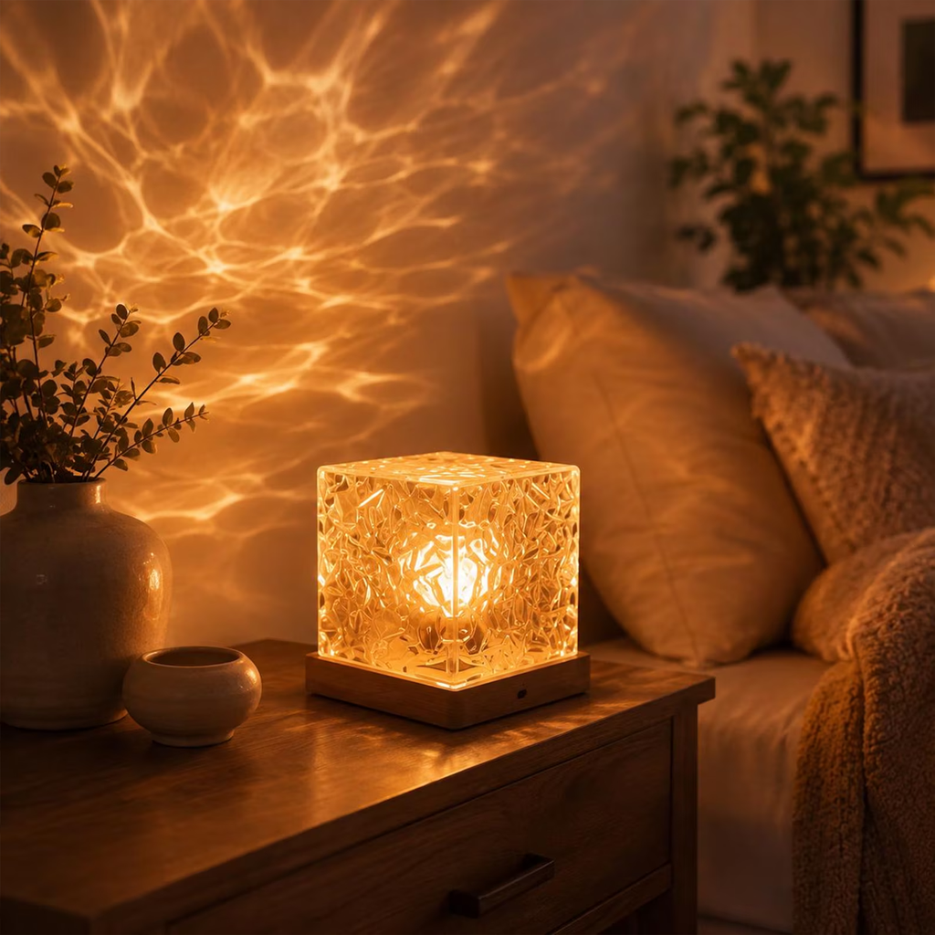 Lampă proiector cu undițe de apă cub de cristal, iluminat ambiental RGB pentru dormitor