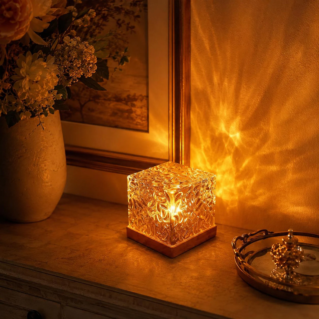 Lampă proiector cu undițe de apă cub de cristal, iluminat ambiental RGB pentru dormitor