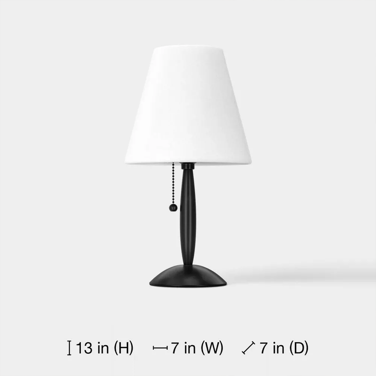 Lampă mini cu picior subțire, abajur din material textil, comutator cu lanț