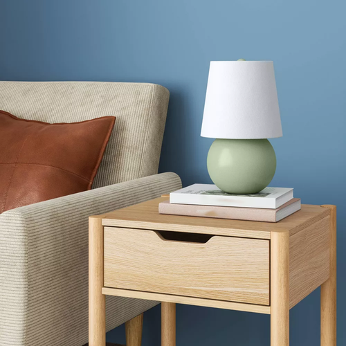 Lampă mini din ceramică verde, bază rotundă și abajur textil conic