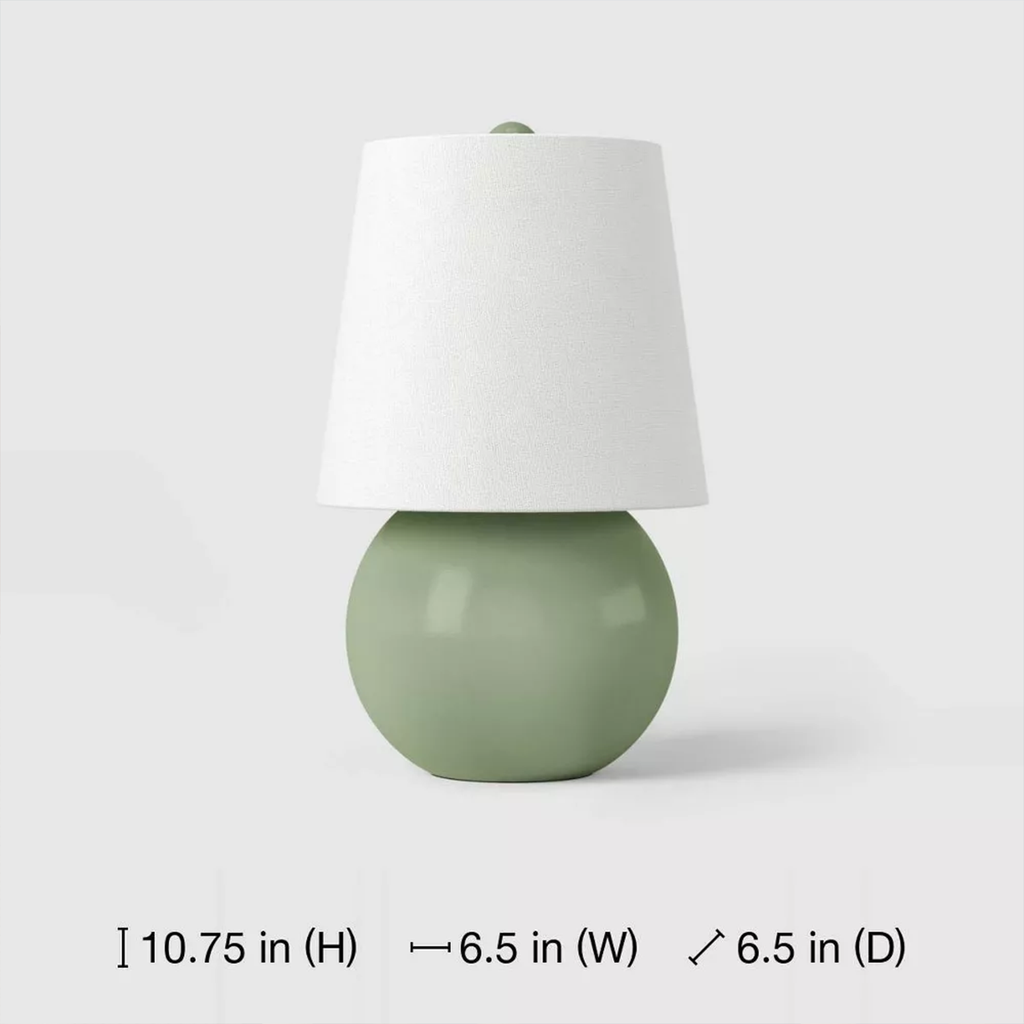 Lampă mini din ceramică verde, bază rotundă și abajur textil conic