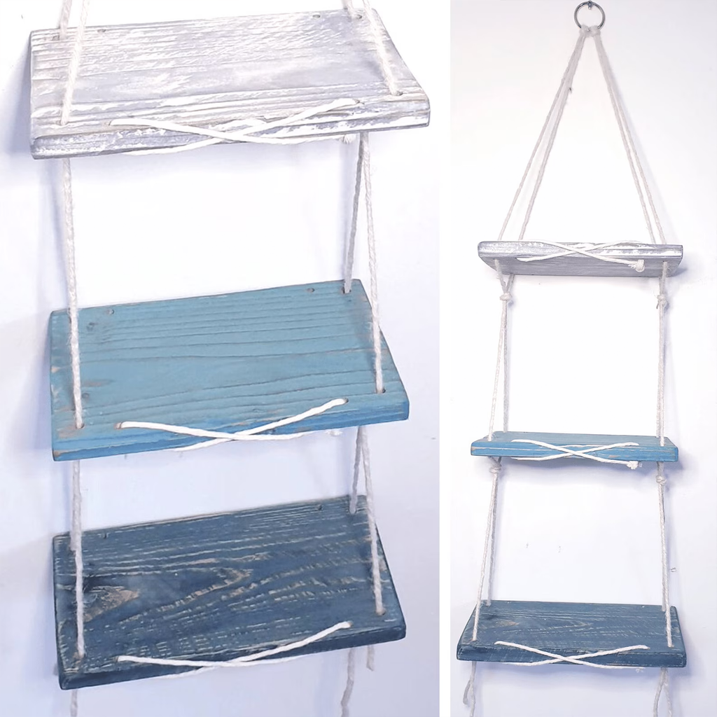 Raft suspendat cu frânghie din lemn recuperat, decor de coastă nautic pentru casă