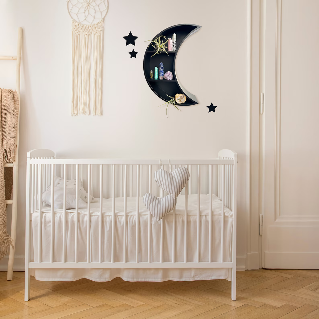 Raft de perete în formă de semilună, decor boho pentru cristale și obiecte mici