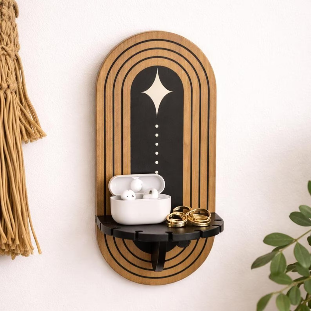 Raft de perete decorativ din lemn, design oval cu accente negre