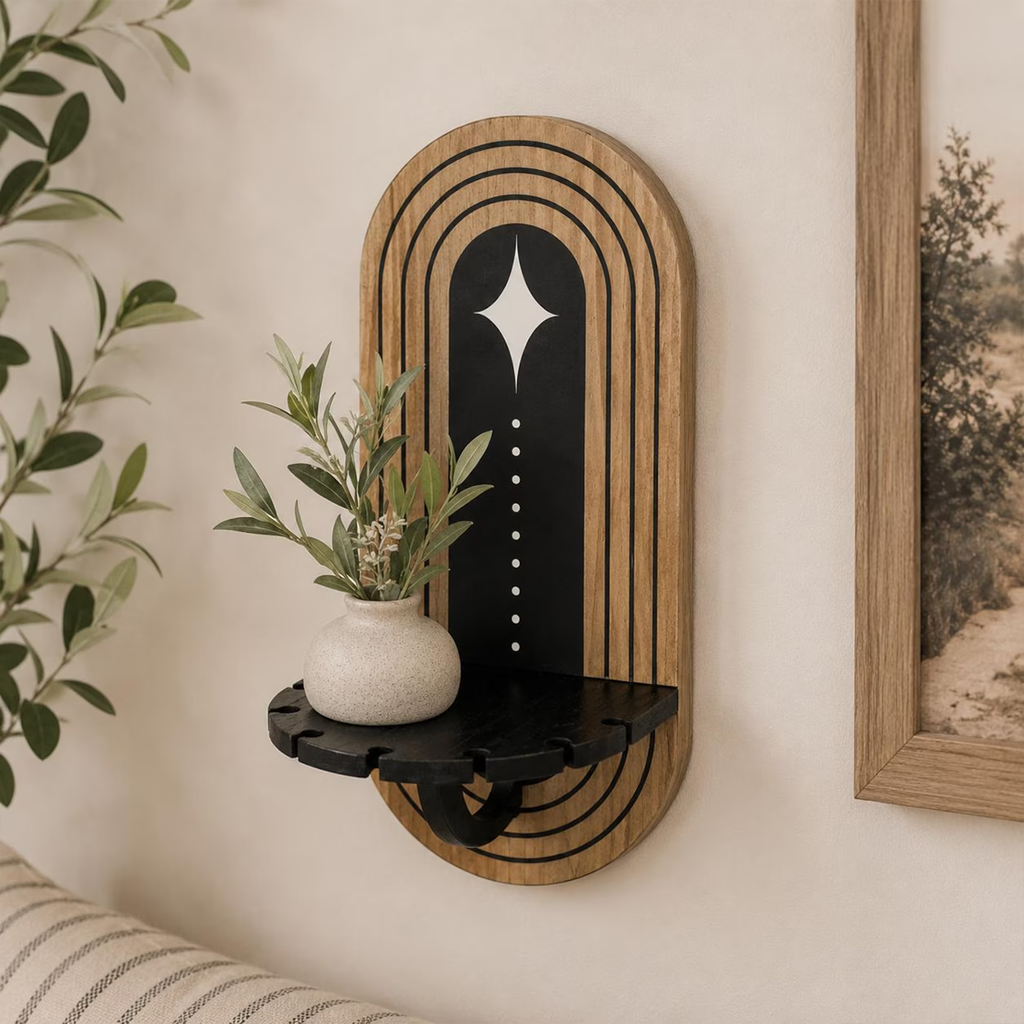 Raft de perete decorativ din lemn, design oval cu accente negre